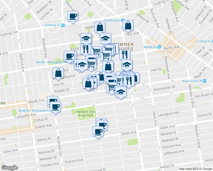 map of restaurants, bars, coffee shops, grocery stores, and more near 192 Hart Street in Brooklyn