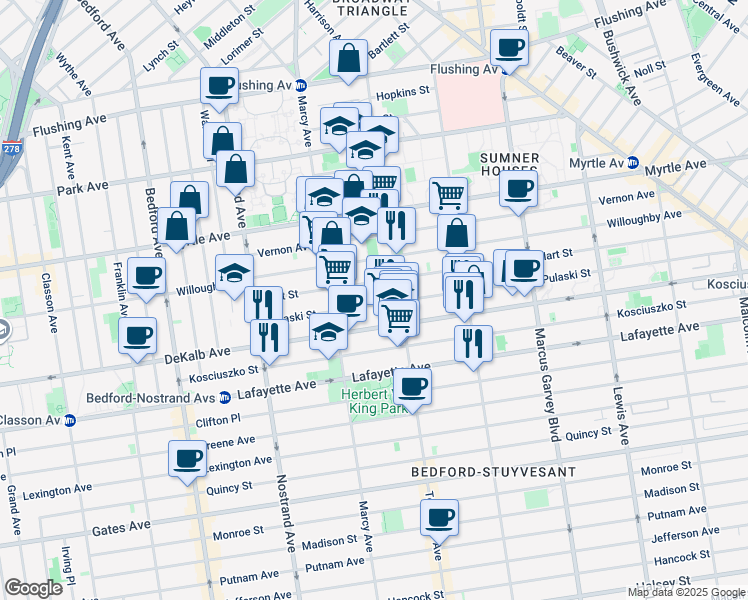 map of restaurants, bars, coffee shops, grocery stores, and more near 111 Hart Street in Brooklyn