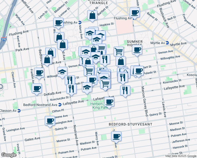 map of restaurants, bars, coffee shops, grocery stores, and more near 111 Hart Street in Brooklyn