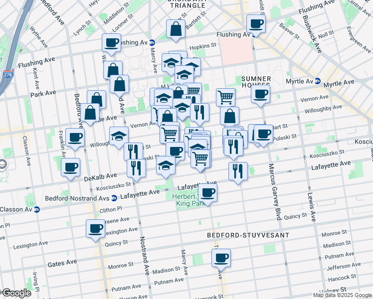 map of restaurants, bars, coffee shops, grocery stores, and more near 111 Hart Street in Brooklyn