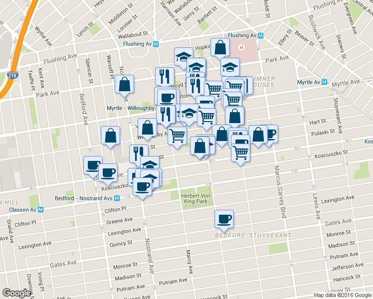 map of restaurants, bars, coffee shops, grocery stores, and more near 111 Hart Street in Brooklyn