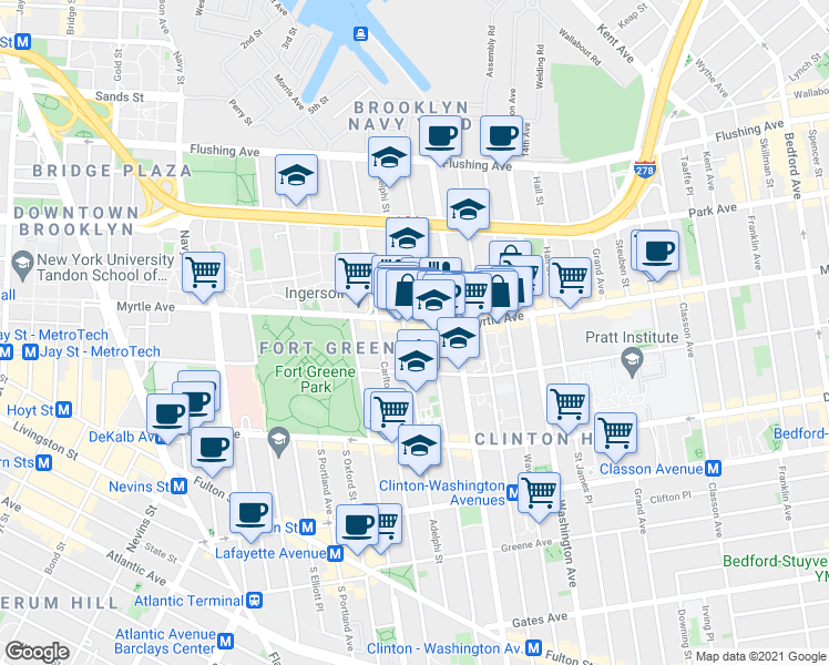 map of restaurants, bars, coffee shops, grocery stores, and more near 158 Clermont Avenue in Brooklyn