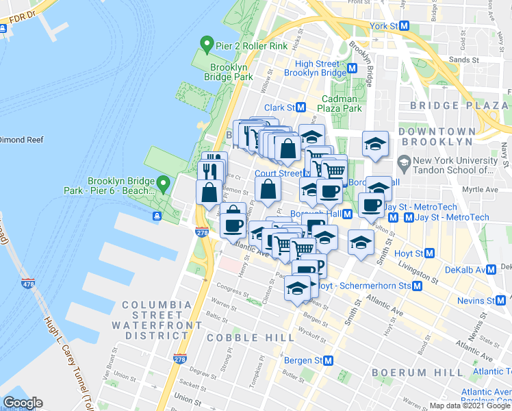 map of restaurants, bars, coffee shops, grocery stores, and more near 79 Joralemon Street in Brooklyn