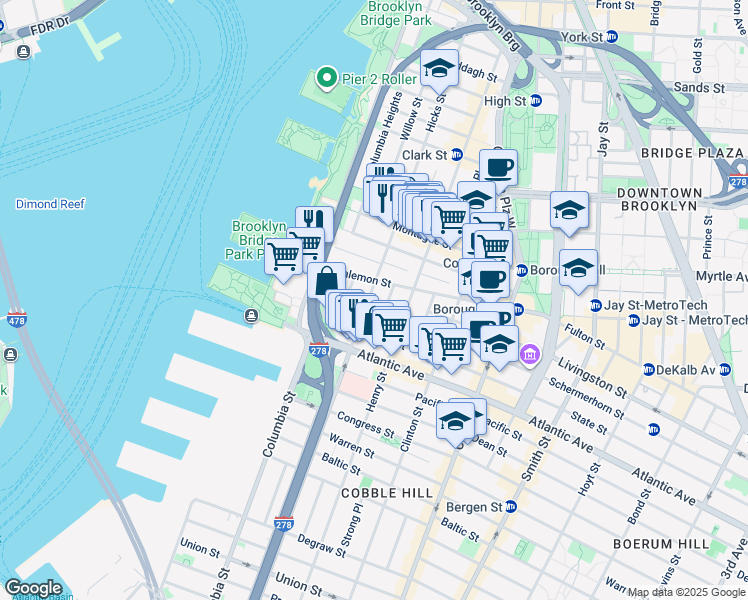 map of restaurants, bars, coffee shops, grocery stores, and more near 79 Joralemon Street in Brooklyn