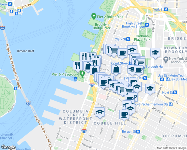 map of restaurants, bars, coffee shops, grocery stores, and more near 360 Furman Street in Brooklyn
