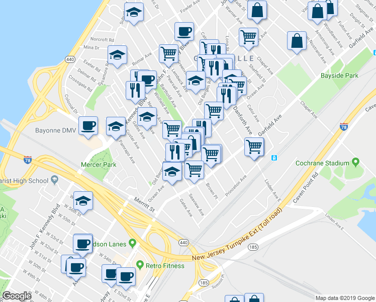 map of restaurants, bars, coffee shops, grocery stores, and more near in Jersey City
