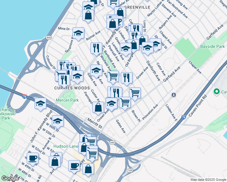 map of restaurants, bars, coffee shops, grocery stores, and more near 124 Old Bergen Road in Jersey City