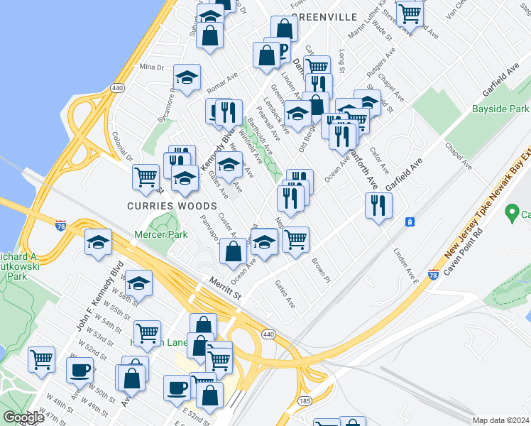 map of restaurants, bars, coffee shops, grocery stores, and more near 124 Old Bergen Road in Jersey City
