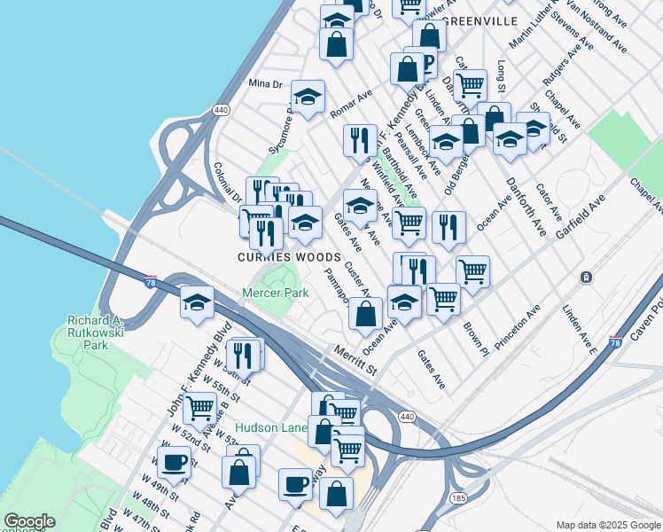 map of restaurants, bars, coffee shops, grocery stores, and more near 100 Pamrapo Avenue in Jersey City