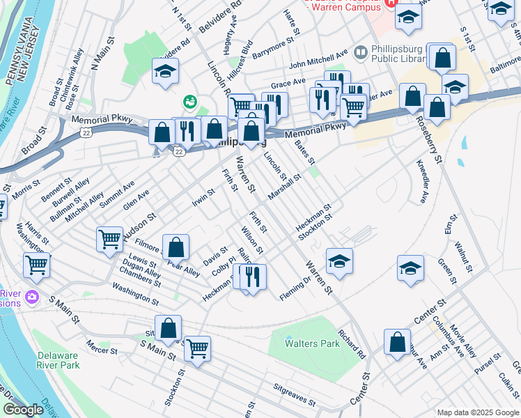 map of restaurants, bars, coffee shops, grocery stores, and more near 315 Warren Street in Phillipsburg