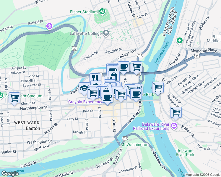 map of restaurants, bars, coffee shops, grocery stores, and more near 119 North Bank Street in Easton