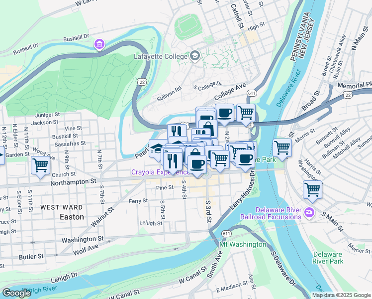 map of restaurants, bars, coffee shops, grocery stores, and more near 106 North 4th Street in Easton