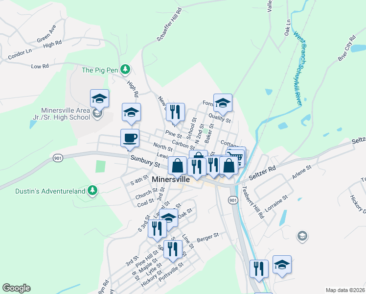 map of restaurants, bars, coffee shops, grocery stores, and more near 312 North 3rd Street in Minersville