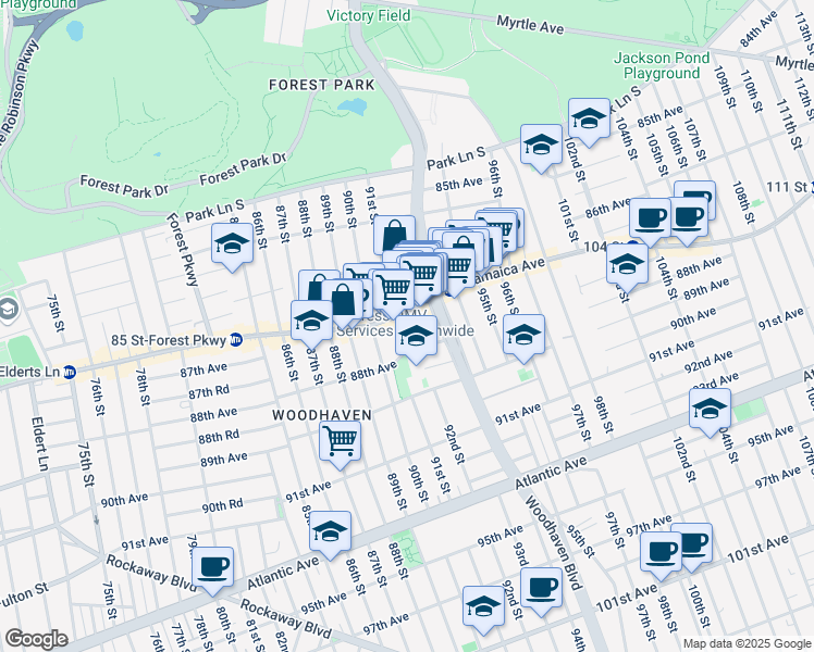 map of restaurants, bars, coffee shops, grocery stores, and more near in Queens