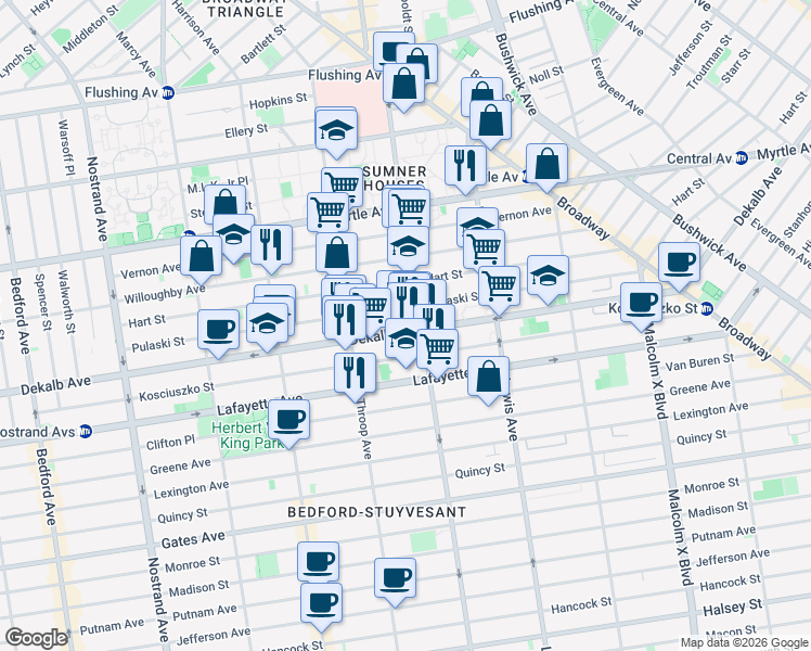 map of restaurants, bars, coffee shops, grocery stores, and more near 280 Hart Street in Brooklyn