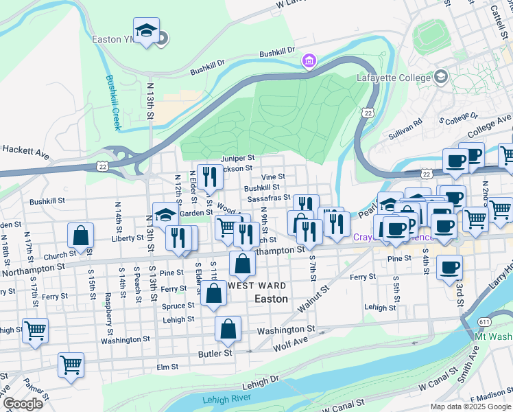map of restaurants, bars, coffee shops, grocery stores, and more near 911 Spring Garden Street in Easton