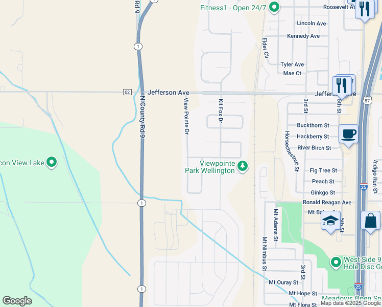 map of restaurants, bars, coffee shops, grocery stores, and more near 3320 Adams Drive in Wellington