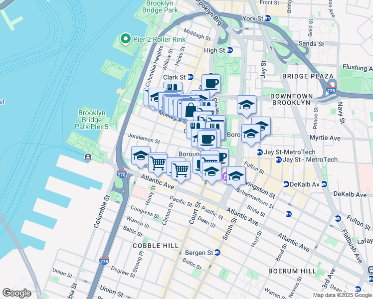 map of restaurants, bars, coffee shops, grocery stores, and more near 134 Remsen Street in Brooklyn