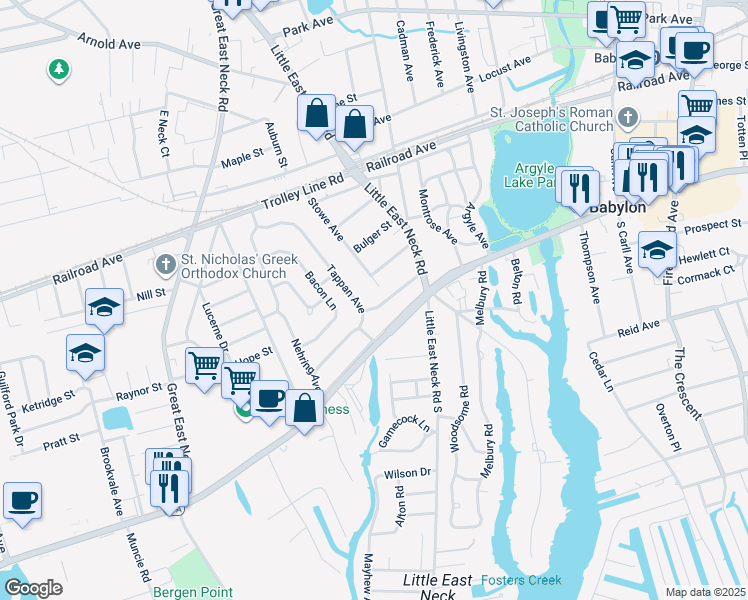 map of restaurants, bars, coffee shops, grocery stores, and more near 16 Stowe Avenue in Babylon