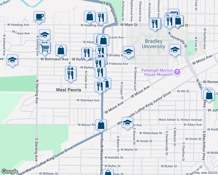 map of restaurants, bars, coffee shops, grocery stores, and more near 1810 West Callender Avenue in Peoria