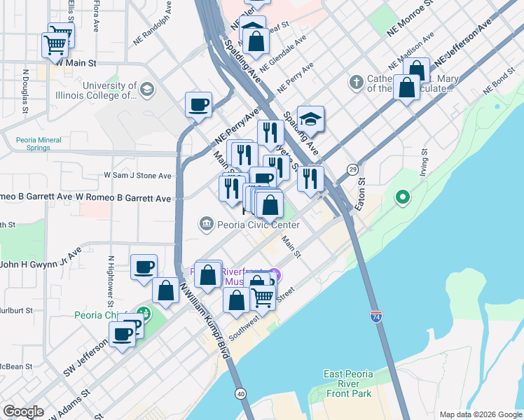 map of restaurants, bars, coffee shops, grocery stores, and more near in Peoria