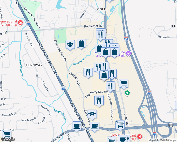 map of restaurants, bars, coffee shops, grocery stores, and more near 8000 Brandt Drive in Cranberry Township