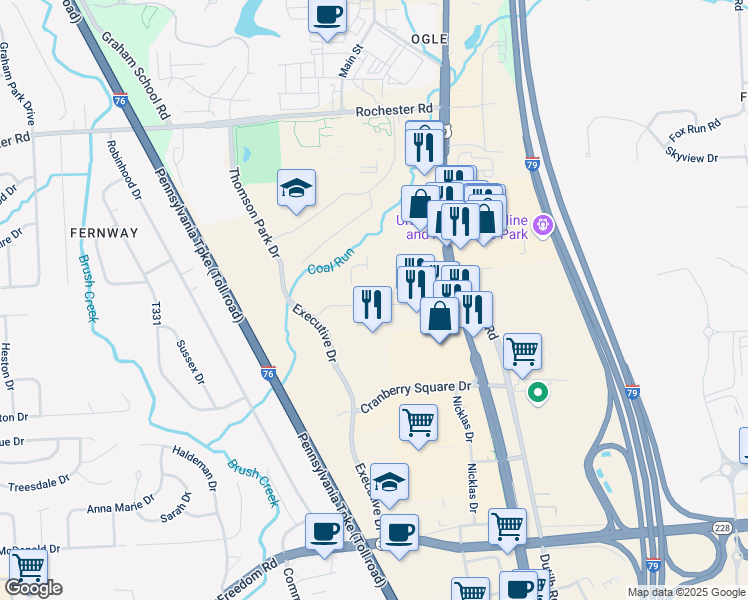 map of restaurants, bars, coffee shops, grocery stores, and more near 8000 Brandt Drive in Cranberry Township