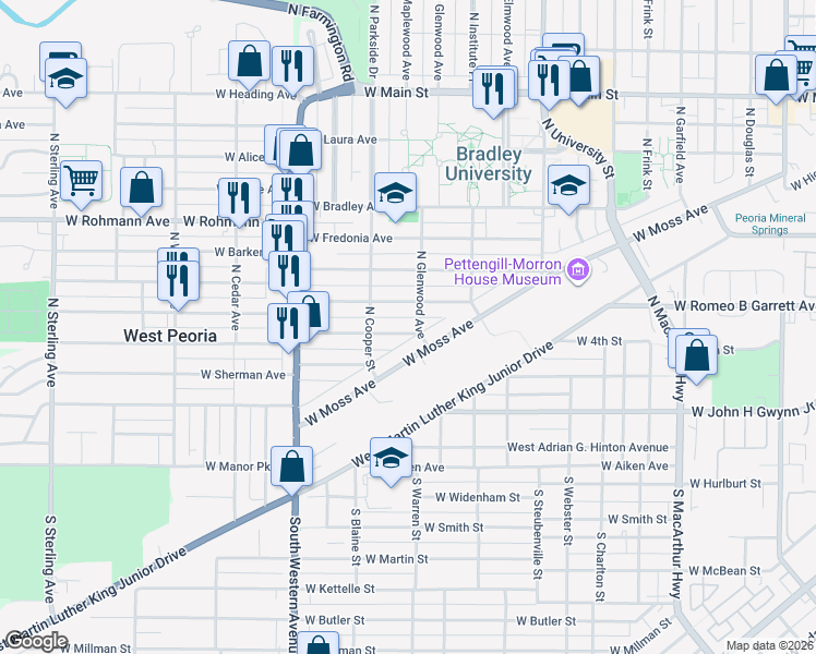 map of restaurants, bars, coffee shops, grocery stores, and more near 1614 West Callender Avenue in Peoria
