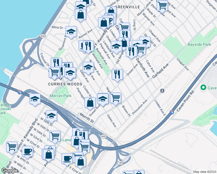 map of restaurants, bars, coffee shops, grocery stores, and more near 118 Neptune Avenue in Jersey City