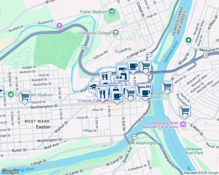 map of restaurants, bars, coffee shops, grocery stores, and more near 75 North 4th Street in Easton