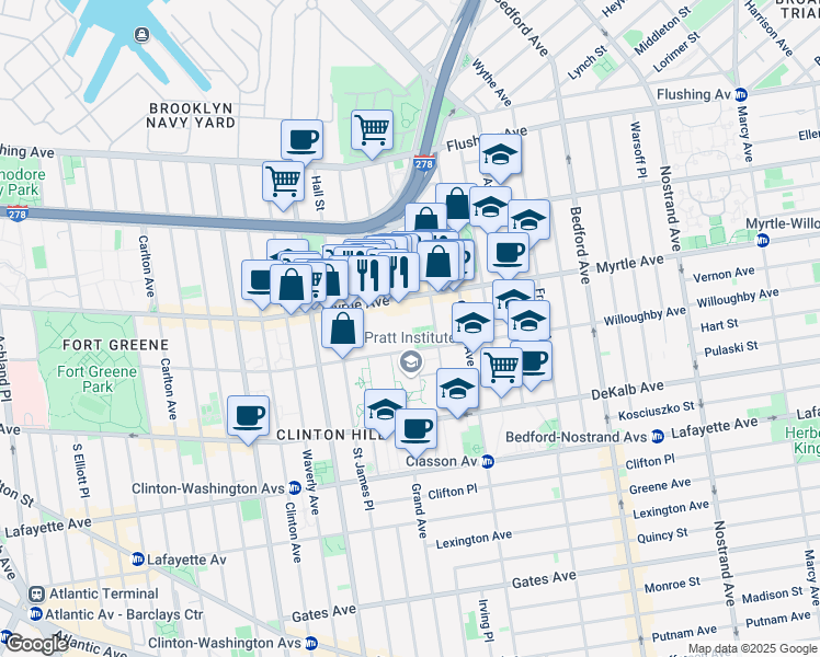 map of restaurants, bars, coffee shops, grocery stores, and more near 215 Willoughby Avenue in Brooklyn