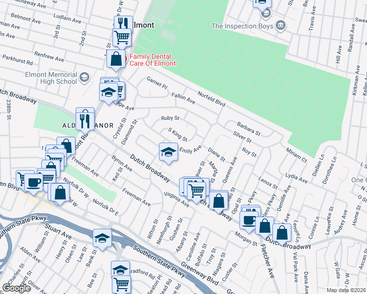 map of restaurants, bars, coffee shops, grocery stores, and more near 290 South King Street in Elmont