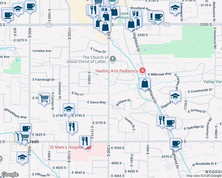 map of restaurants, bars, coffee shops, grocery stores, and more near 3607 South 1300 East in Salt Lake City