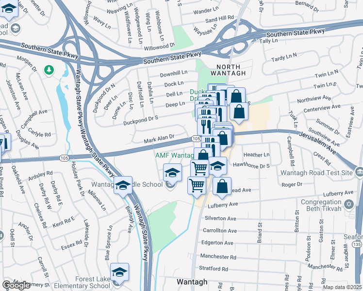 map of restaurants, bars, coffee shops, grocery stores, and more near 3271 Harvest Road in Wantagh