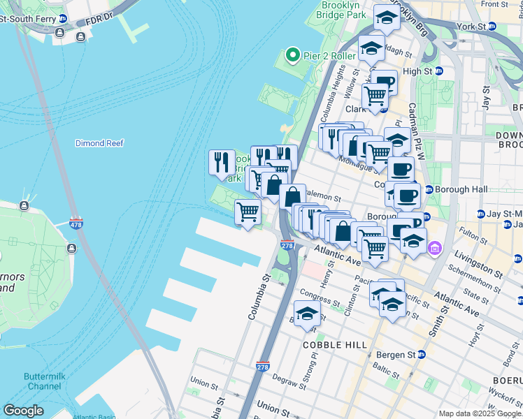 map of restaurants, bars, coffee shops, grocery stores, and more near 50 Bridge Park Drive in Brooklyn