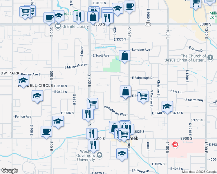 map of restaurants, bars, coffee shops, grocery stores, and more near 3610 South 805 East Street in Millcreek