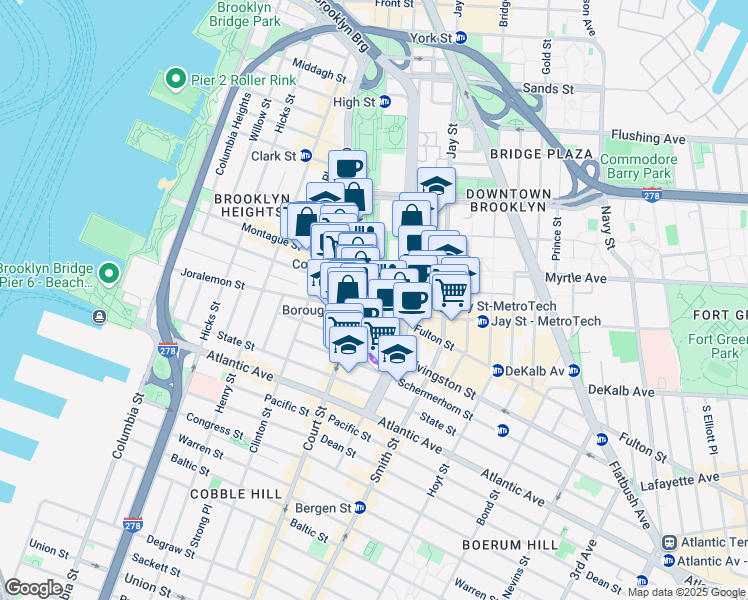 map of restaurants, bars, coffee shops, grocery stores, and more near 209 Joralemon Street in Brooklyn
