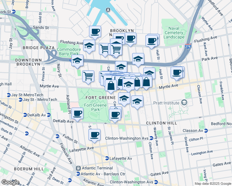 map of restaurants, bars, coffee shops, grocery stores, and more near 159 Carlton Avenue in Brooklyn
