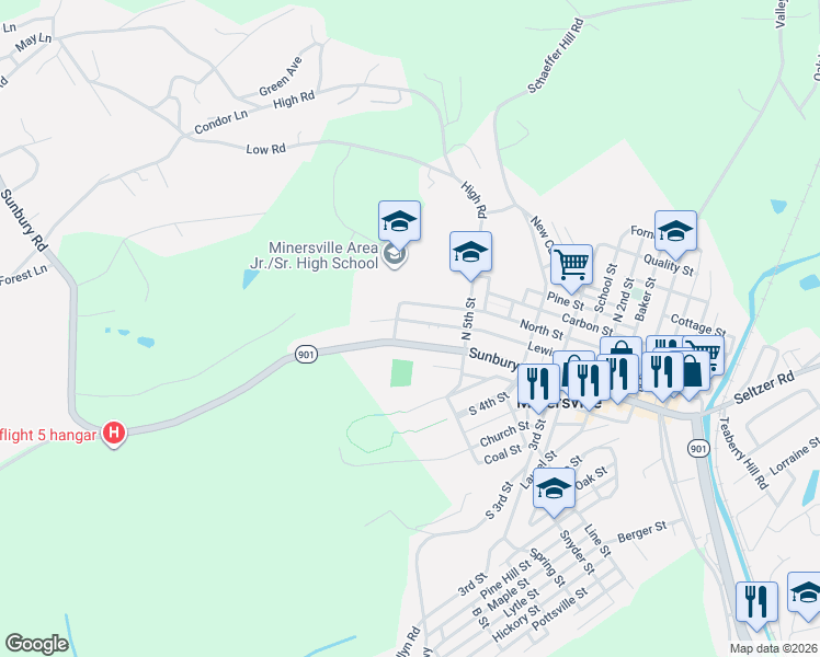 map of restaurants, bars, coffee shops, grocery stores, and more near 560 Lewis Street in Minersville