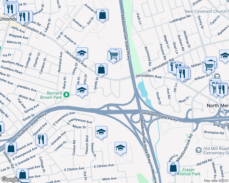 map of restaurants, bars, coffee shops, grocery stores, and more near 857 Northgate Drive in Uniondale