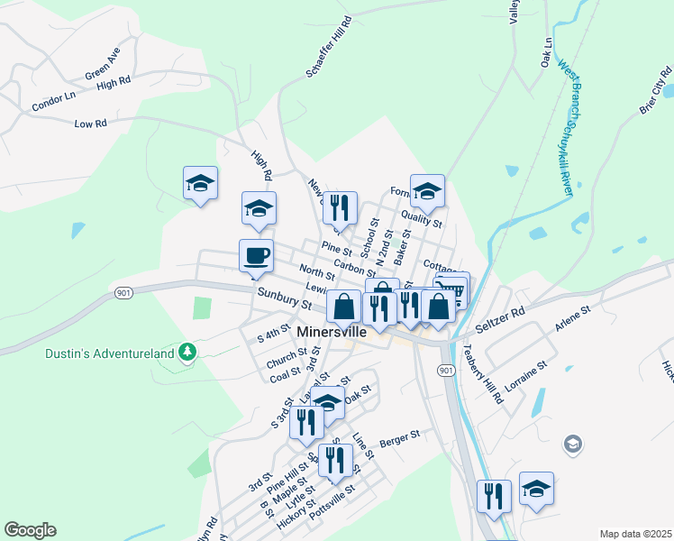 map of restaurants, bars, coffee shops, grocery stores, and more near 210 North 3rd Street in Minersville