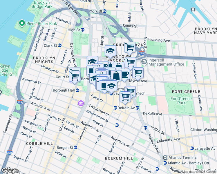 map of restaurants, bars, coffee shops, grocery stores, and more near 111 Lawrence Street in Brooklyn