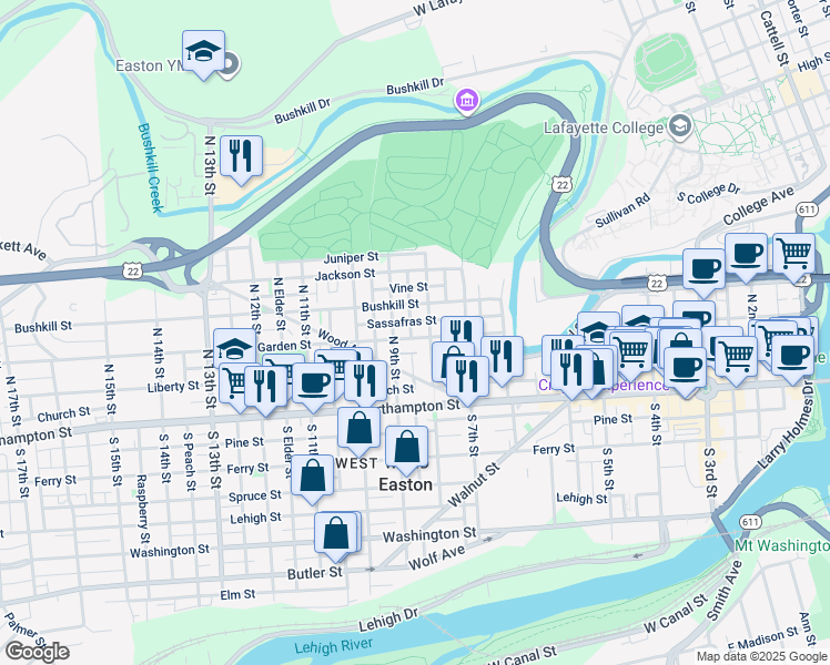 map of restaurants, bars, coffee shops, grocery stores, and more near 819 Spring Garden Street in Easton