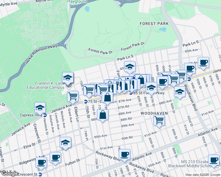 map of restaurants, bars, coffee shops, grocery stores, and more near 86-04 80th Street in Queens
