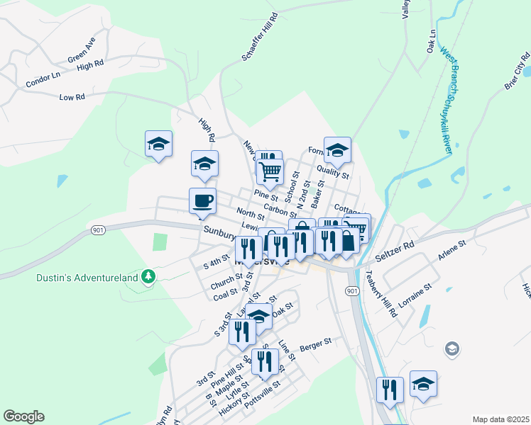 map of restaurants, bars, coffee shops, grocery stores, and more near 210 North 3rd Street in Minersville