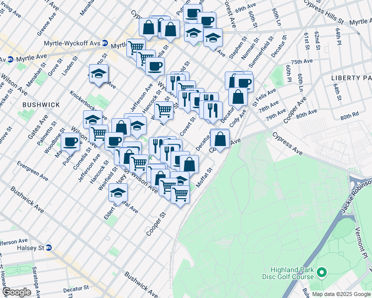 map of restaurants, bars, coffee shops, grocery stores, and more near 308 Schaefer Street in Brooklyn