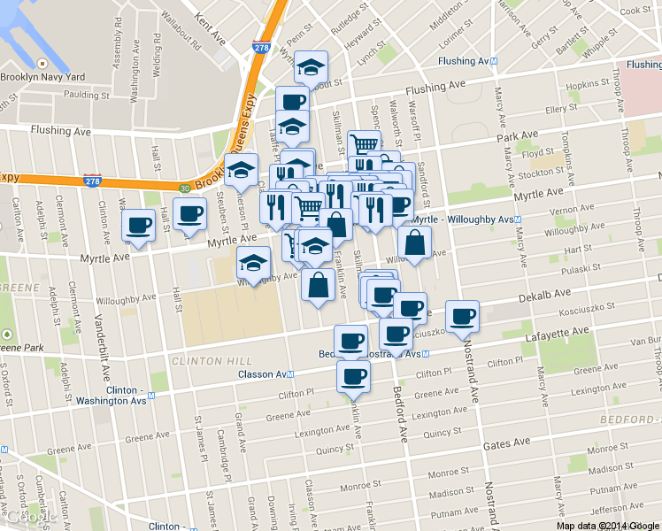 map of restaurants, bars, coffee shops, grocery stores, and more near 323 Willoughby Avenue in Brooklyn