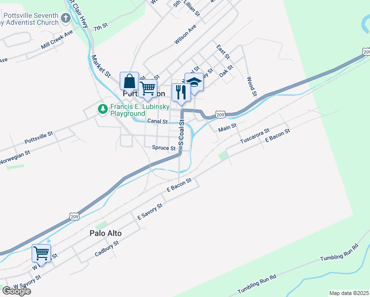 map of restaurants, bars, coffee shops, grocery stores, and more near 32 Coal Street in Port Carbon