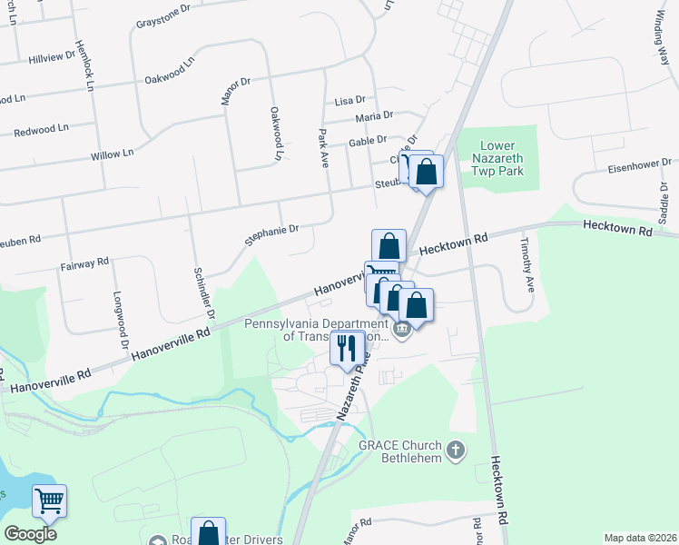 map of restaurants, bars, coffee shops, grocery stores, and more near 4486 Hanoverville Road in Bethlehem