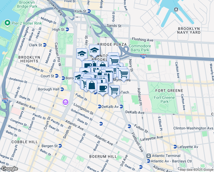 map of restaurants, bars, coffee shops, grocery stores, and more near 4 MetroTech Center in Brooklyn